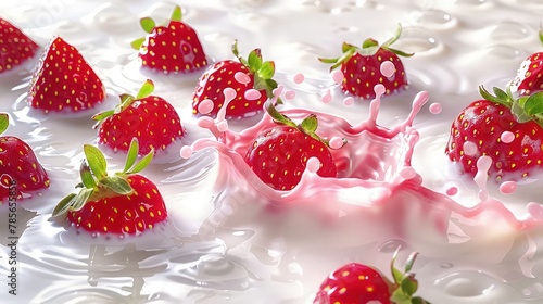 A close-up of a ripe strawberry partially submerged in milk, the fruit's rich red hue contrasting beautifully against the smooth white background, highlighting its freshness and juiciness.