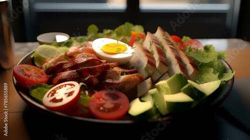 Grilled chicken breast with boiled eggs, lettuce, cherry tomatoes, and lemon on a wooden table