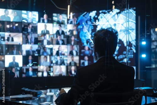 Executive Overseeing a Global Virtual Business Meeting.
