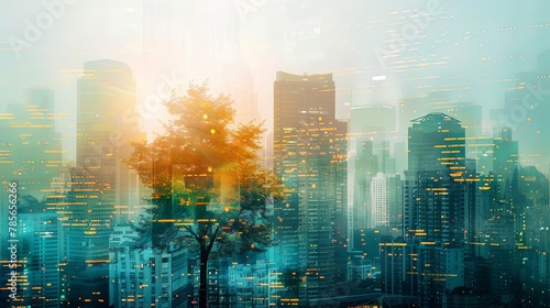 Panoramic cityscape with double exposure overlay of green forest