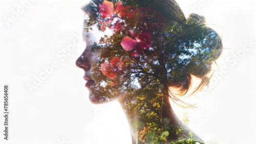 The closeup double exposure picture between young adult beautiful female caucasian human and bright beautiful nature in the morning or evening that the picture stand for peaceful of the life. AIGX01.