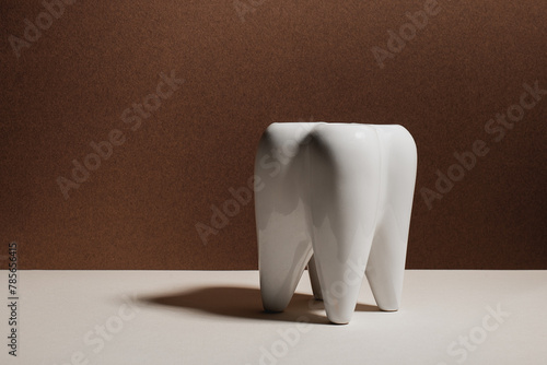 Minimalistic white tooth model against brown backdrop photo