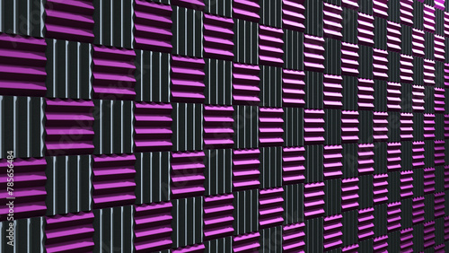 Black and purple acoustic foam background in perspective. 3d illustration