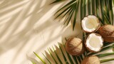 Coconuts and tropical palm leaves, overlay shadow. Summer top view