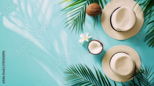 Tropical Summer Composition with Palm Leaves  Hat  fruits  Pastel Background top view