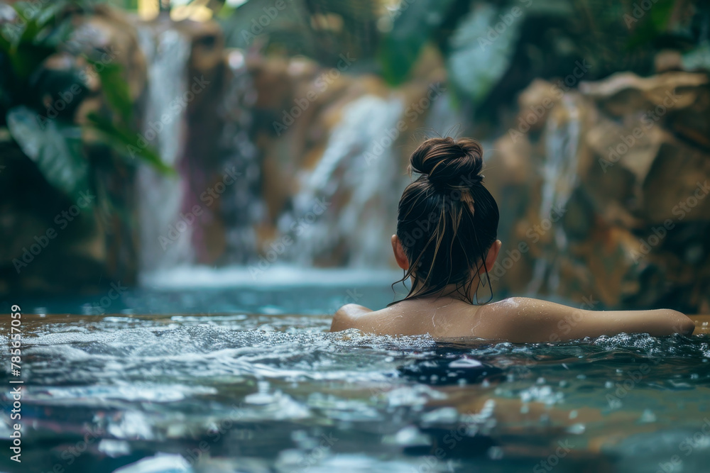 A woman is in a pool with a waterfall in the background