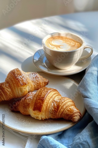 Two Croissants on a Plate With a Cup of Coffee