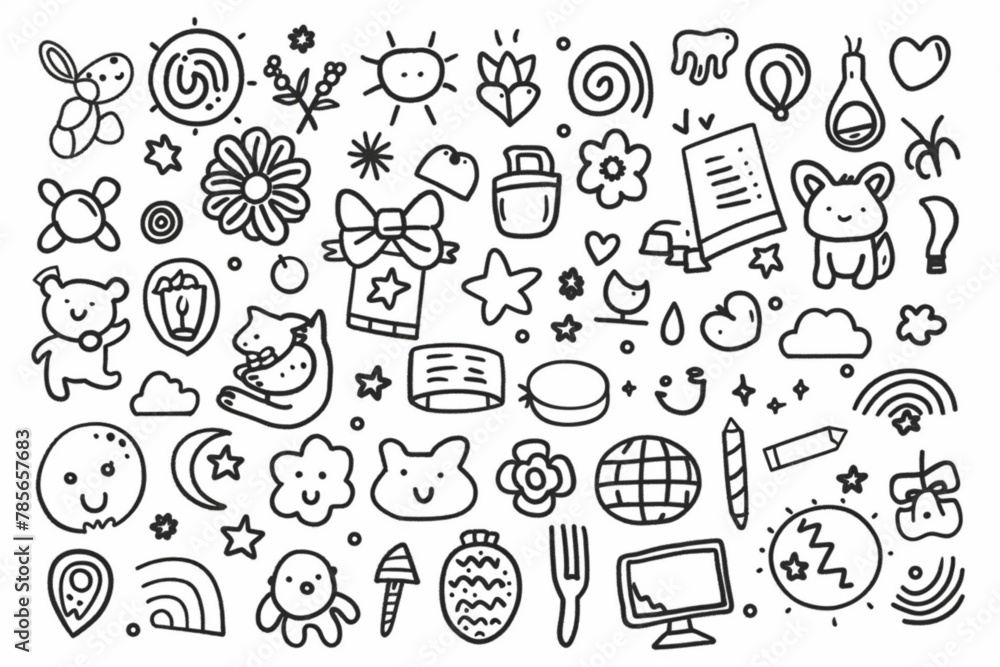 Children school, kindergarten vector doodle set. Cute daycare hand drawn flower, toy, animal elements. Childish cute preschool activity, education doodle background. Vector illustration vector icon, w