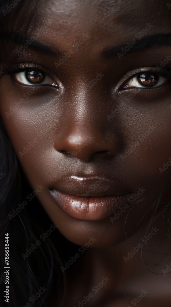 Detailed view of a womans face highlighting her brown eyes. Detailed view of a womans face highlighting her brown eyes.