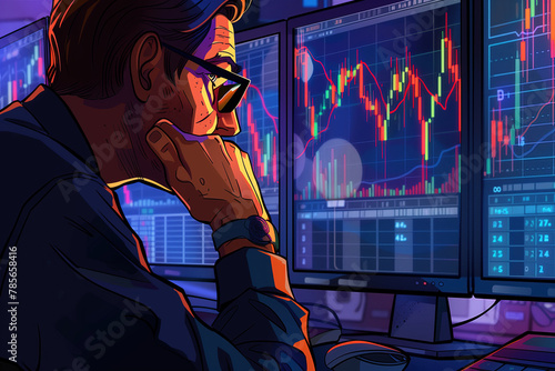 Illustration of an advanced financial trading setup with multiple monitors displaying real-time market data, showing the male business owner in deep thought as he analyzes graphs and charts for stock 