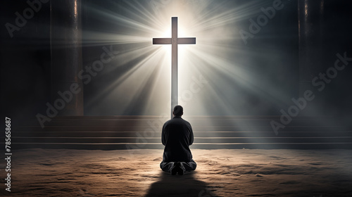 A man kneeling in prayer before a glowing cross, symbolizing faith, spirituality, and divine presence. photo