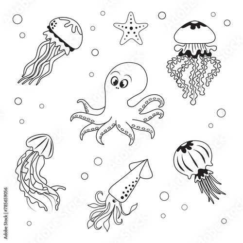 Marine set, anemone, octopus, squid, jellyfish and corrals in simple linear style. Black and white graphics for books and posters