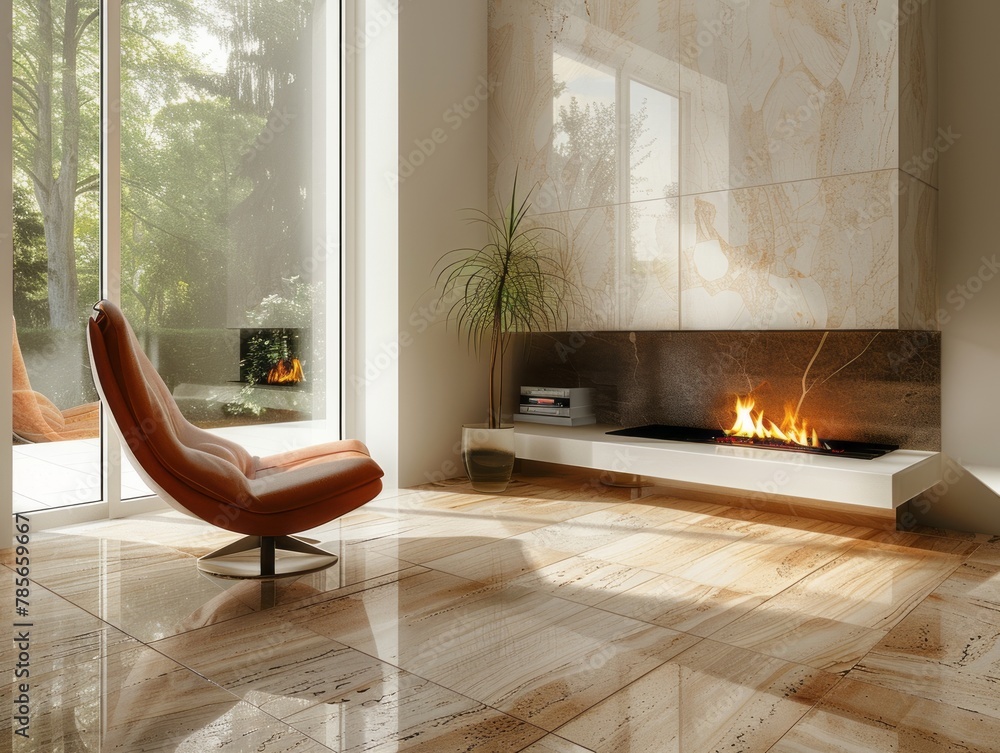 Obraz premium Living room in minimalistic style with fireplace