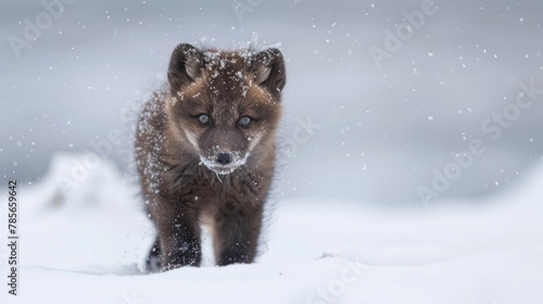 Portrait cute baby arctic fox walking in snow winter landscape. AI generated image