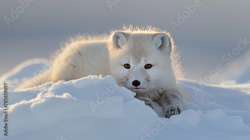 Portrait cute baby arctic fox walking in snow winter landscape. AI generated image