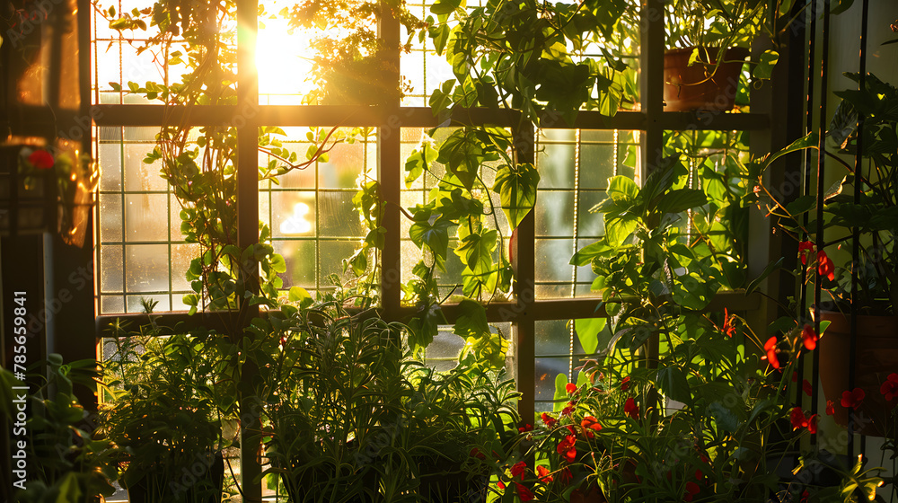 A balcony herb garden at dawn with early morning sunlight filtering through a trellis covered in climbing herbs and flowering vines offering a fresh start to the day.