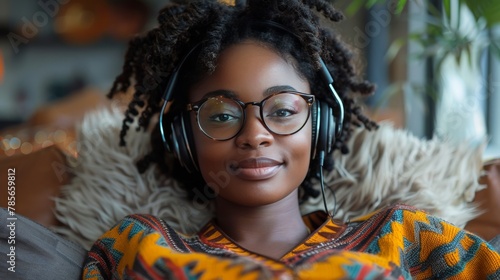 Woman Laying on Couch Wearing Headphones