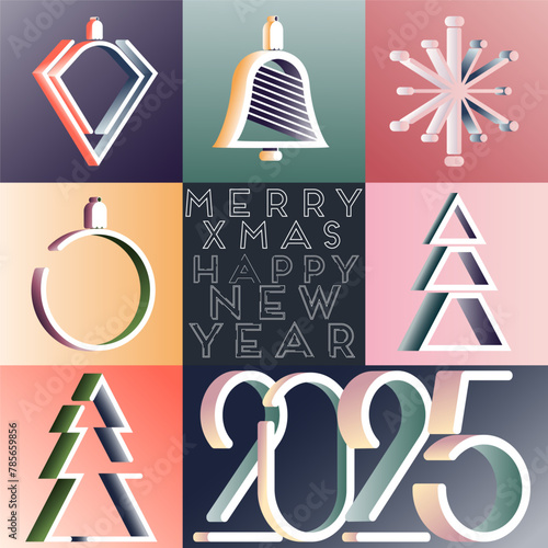 Modern Christmas, Happy New Year 2025 greeting card, design typography invite posters, square template, Layout. Holidays Christmas tree and numbers greeting flat design banner