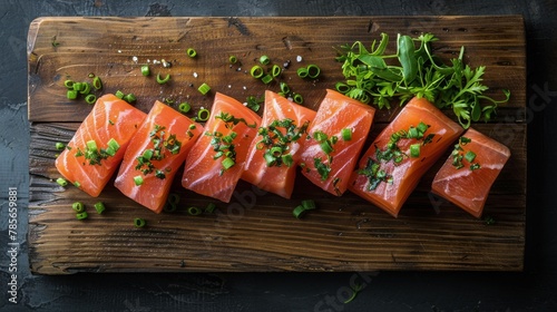 Raw Salmon on a Cutting Board With Lemon and Parsley