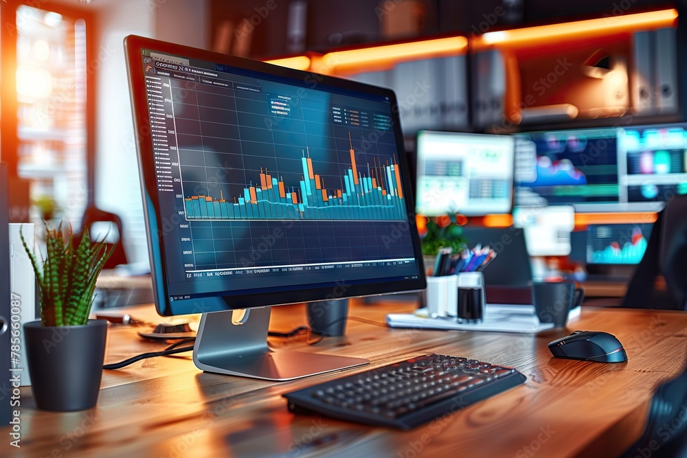 Strategic Analysis in Action Desktop Computer Monitor Displaying Business Candle Stick Graph Chart of Stock Market Investment Strategic Analysis in Action Desktop Computer Monitor Displaying Business Candle Stick Graph Chart of Stock Market Investment