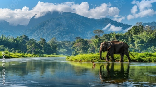 Big asian elephant in green nature park outdoor with mountains background. AI generated image © MUCHIB