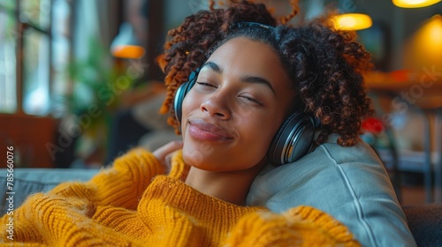 Woman Laying on Couch Wearing Headphones