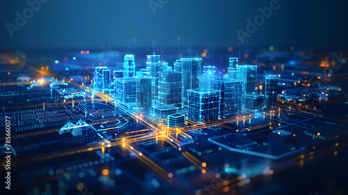 Wi-Fi smart city or network. Low poly wireframe. Building automation with computer board illustration. Isolated on a dark blue background. Plexus points and lines. Wireless smart city or network. photo