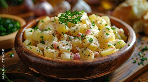 Wooden Bowl Filled With Potato Salad on Table