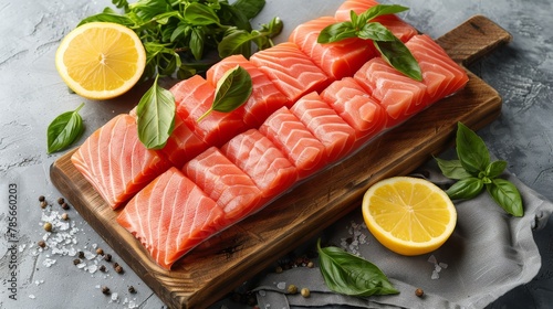 Raw Salmon on a Cutting Board With Lemon and Parsley