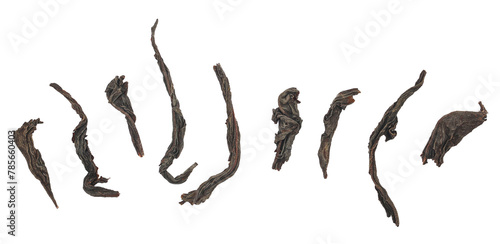 Sticker Set dry leaves Oolong tea, Camellia sinensis, dark green teas isolated on white,