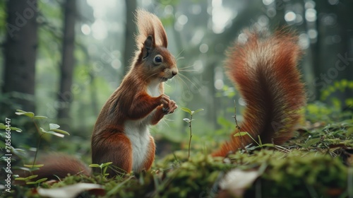 Portrait a funny red squirrel animal standing alone in the natural forest at sunny. AI generated