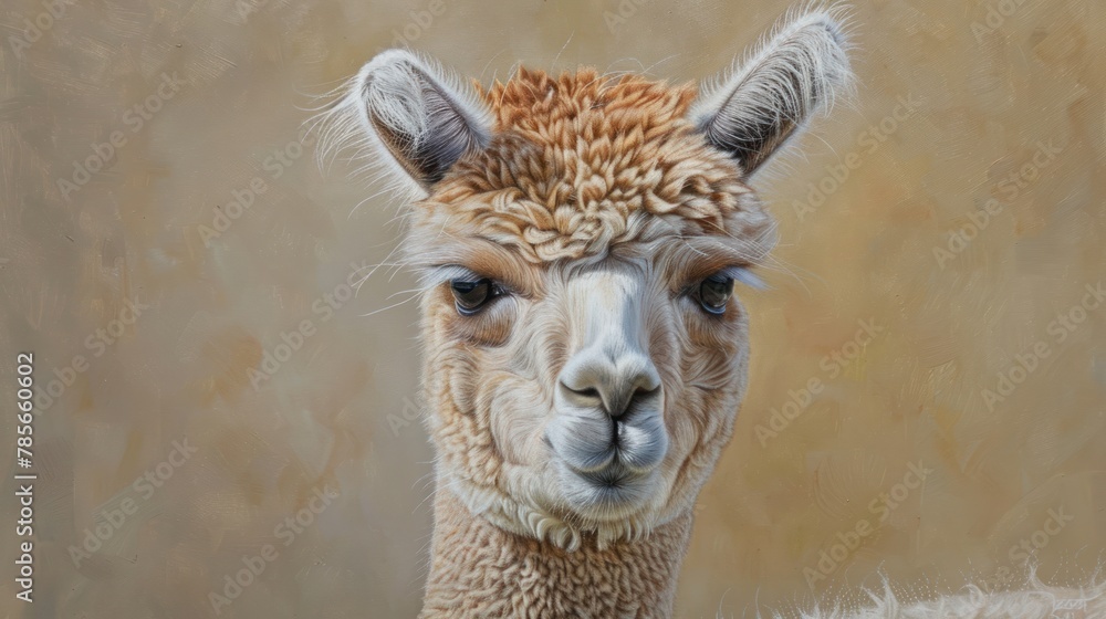 Portrait cute little baby llama or alpaca animal on the green meadow. AI generated image