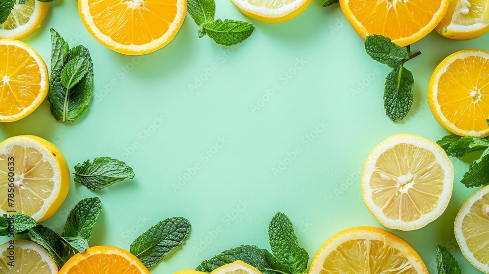 Lemon slices and mint pastel background Lemon slices and mint pastel background
