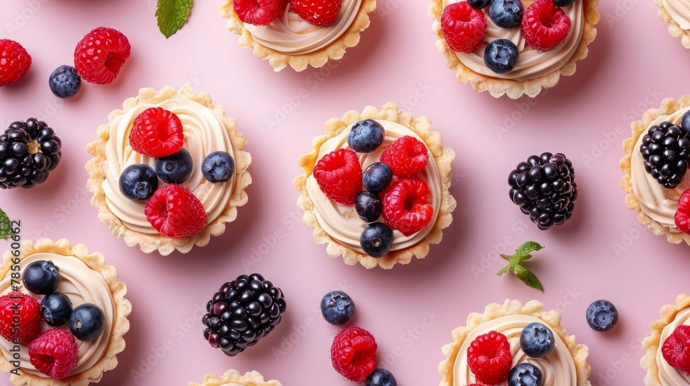 Tartlets dessert with cream and berries top view pastel background Tartlets dessert with cream and berries top view pastel background