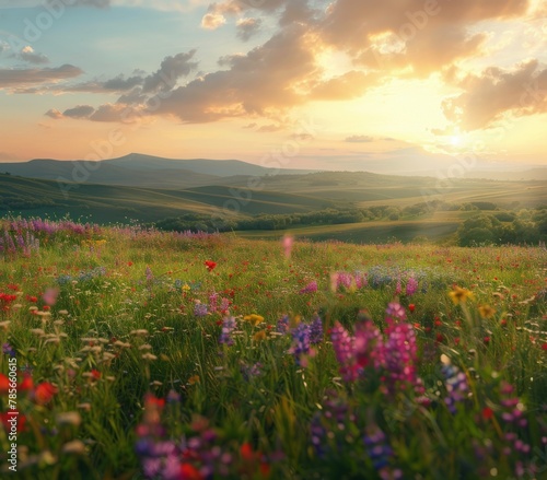 Field of Wildflowers Under a Cloudy Sky