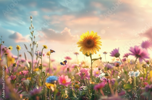 Field Full of Colorful Flowers and Butterflies
