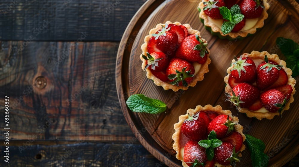 Tartlets dessert with cream and berries top view pastel background Tartlets dessert with cream and berries top view pastel background