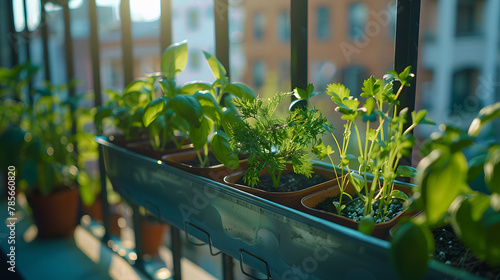 A balcony herb garden in early spring with seedlings of basil parsley and dill just beginning to sprout symbolizing new beginnings. photo