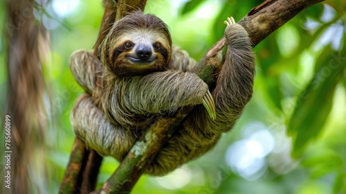 Portrait a cute sloth animal hanging on tree branch in a rainforest. AI generated image © MUCHIB