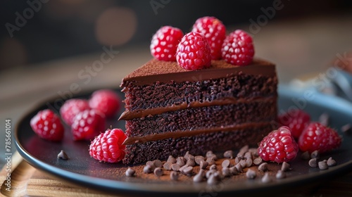 Chocolate Cake With Raspberries on a Plate