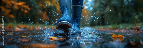 Footwear for wet weather: a man happily jumps in a puddle wearing rubber boots. photo
