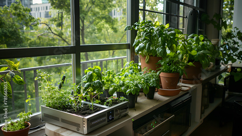 A balcony herb garden integrating smart technology with sensors monitoring soil moisture and sunlight for optimal plant growth.