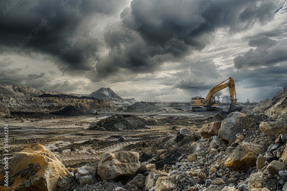 Fototapeta premium A large excavator is digging the ground at an industrial site, surrounded by rocks and dirt under dark clouds Generative AI