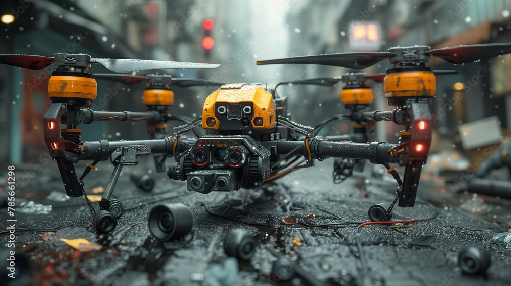 Drone above city street in rain, capturing buildings, vehicles, and wet asphalt