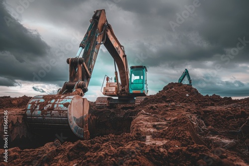 photo of an excavator digging in the ground, background is grey sky with dark clouds, photo taken from behind machine and slightly above it, it's an industrial scene Generative AI