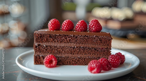 Chocolate Cake With Raspberries on a Plate