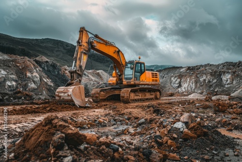 excavator in the middle, driving through dirt and rocks, cloudy sky Generative AI photo