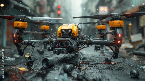 Drone above city street in rain, capturing buildings, vehicles, and wet asphalt