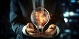 Businessman holding light bulb and brain with data network digital technology, Generative AI.