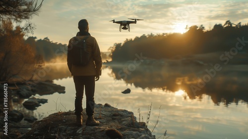Man on rock by lake watching drone fly over natural landscape